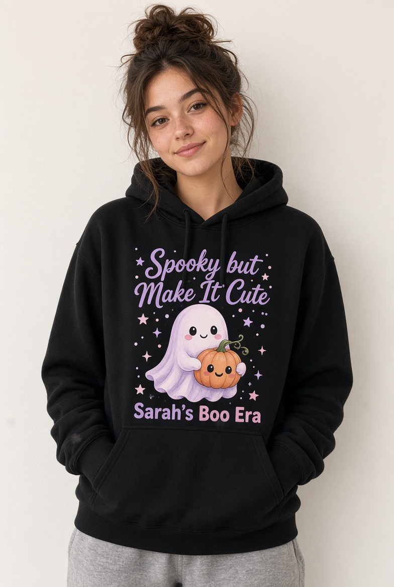 Model wearing the finished Spooky but Make It Cute hoodie